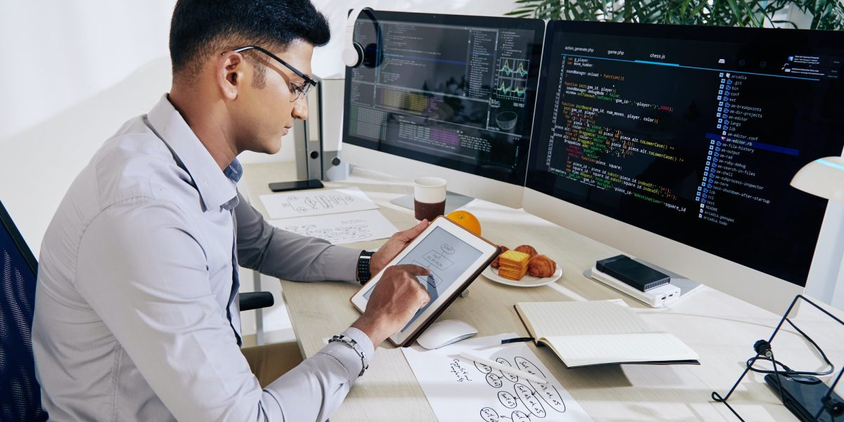 Software developer checking mindmap